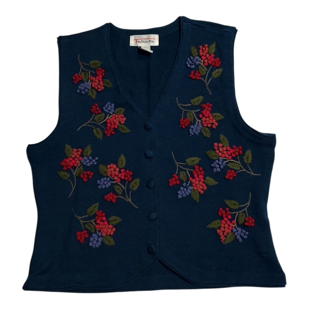 Vintage Talbot's Dark Blue Berry Embroidered Wool Sweater Vest Small